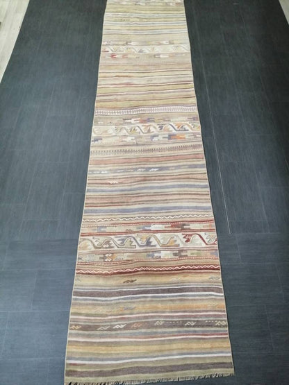 Vintage  Runner rug 2.9 x 15.4 Flat woven Runner Kilim Rug With Embroidery XL Oriental Runner Carpet, Vintage Kilim Rug Wool 3x16 Carpet Rug