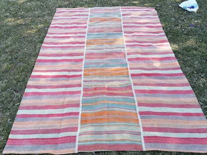 Flatwoven kilim rug 6'4x8'8  stripe hand made rugs, vintage turkish rugs oushak rug vintage oushak rug, wool rug