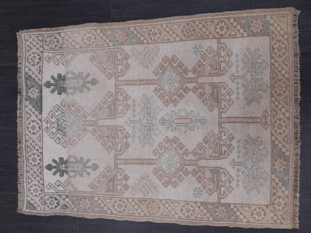 Muted Vintage Rug 2.4 x 3.3 Rug Bathroom Rug Power Room Rug Vanity Handmade Rug Turkish Rug Hand  Knotted Rug Oriental Small Area Rug
