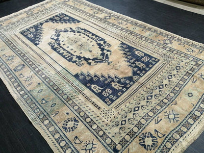 Vintage Turkish Oushak rug,5.5 x 9.3 Muted Persian  Rug, Muted turkish Rug, Navy Oushak  rug, Oriental Vintage Rug, Soft wool Rug,
