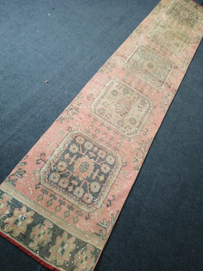 11'4x2'2 oushak turkish runner rug, vintage runner rug, vintage oushak runner rug, vintage anatolian rug,unique hand made rug,kitchen rug