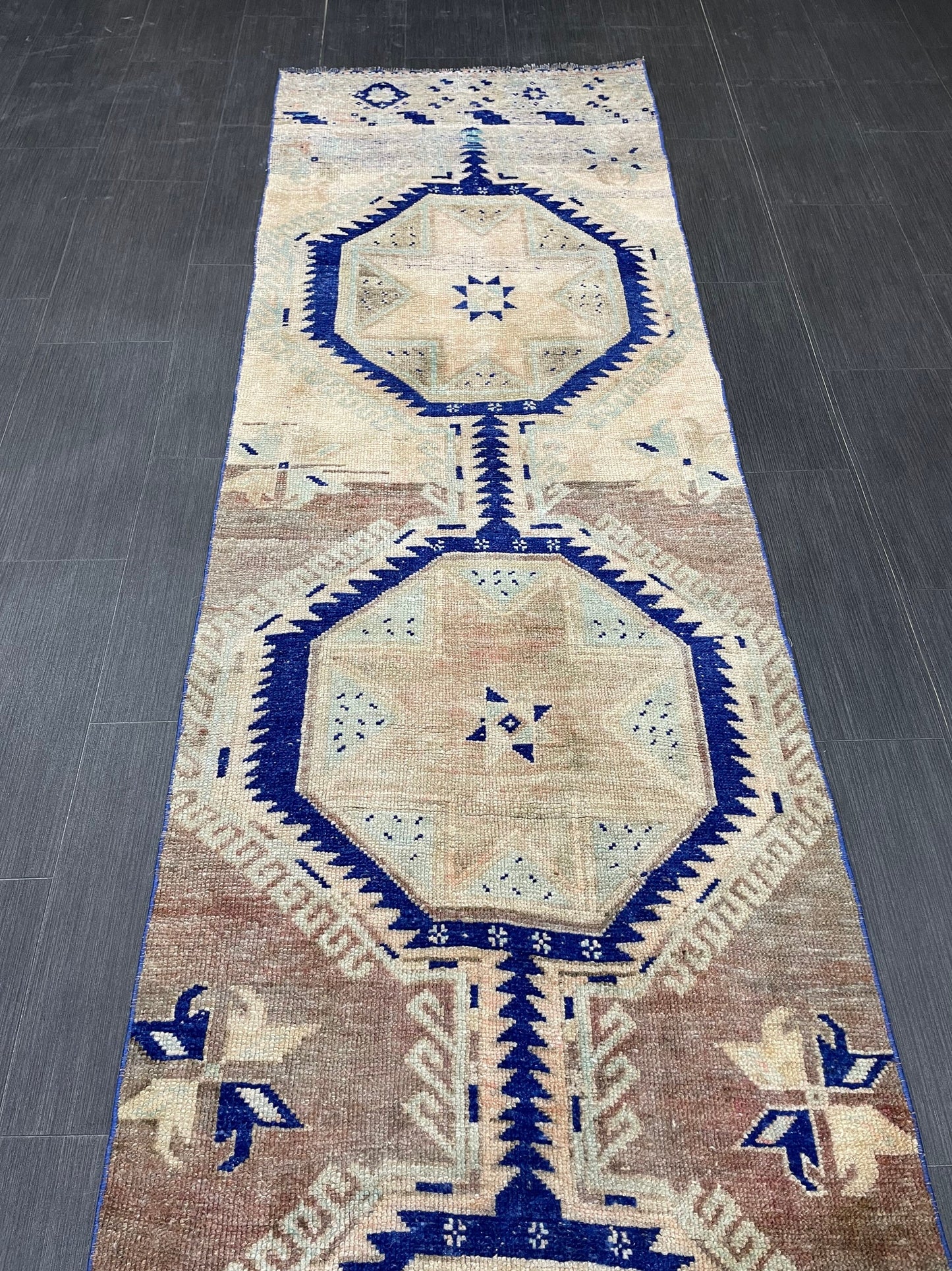 Muted Vintage Runner Rug 2.8 x 11.4 Muted Turkish Runner Star Rug Navy Oushak Runner Rug Hallway Runner Kitchen Runner Rug Wool Runner