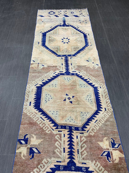 Muted Vintage Runner Rug 2.8 x 11.4 Muted Turkish Runner Star Rug Navy Oushak Runner Rug Hallway Runner Kitchen Runner Rug Wool Runner