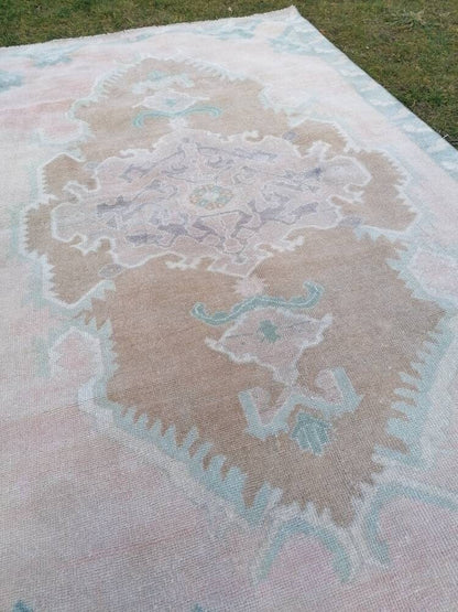 4'6x7'4 pink wool rug, vintage oushak rug, turkish hand made living room rug