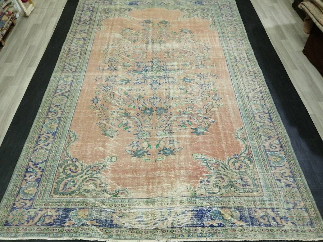 12 x 8 Turkish Rug, Oushak Rug, Muted Wool Rug, 8x12 Large Oushak Rugs,Rusty pink and Blue Orange Rug, Vintage Rug, Muted Hand Made Rug