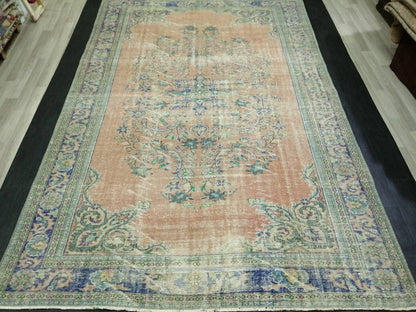 12 x 8 Turkish Rug, Oushak Rug, Muted Wool Rug, 8x12 Large Oushak Rugs,Rusty pink and Blue Orange Rug, Vintage Rug, Muted Hand Made Rug