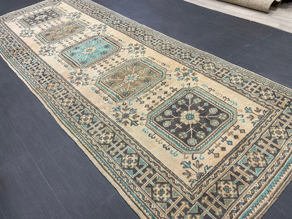 Vintage Runner Rug 4.5 x 11.8 Muted TURKISH Muted Runner Rug Vintage Oushak Runner Rug Long Runner Rug Wool Oriental Runner Handmade Runner