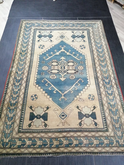 Blue Vintage Rug 7.2 x 10.6 Authentic Turkish Oushak Rug Hand Knotted Rug Rustic Rug, Wool Turkish Rug 7x10 Rug, Beige Oriental Rug 7x11 rug