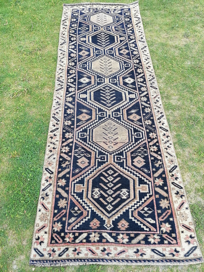 Persian runner rug, navy runner rug, blue vintage runner 3'2x9'8 handmade runner, hallway runner, kitchen rug