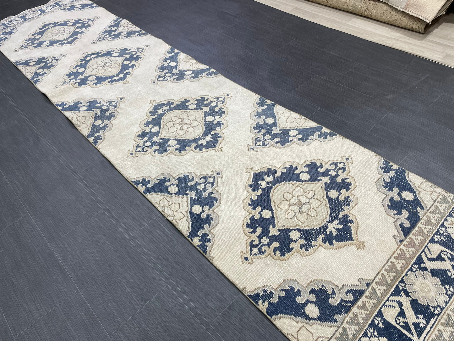 WOOL Handmade Runner Rug Turkish Runner Rug 2.7 x 12.3 Muted Vintage Hallway Runner Rug Kitchen Runner Rug Persian Runner Rug Navy