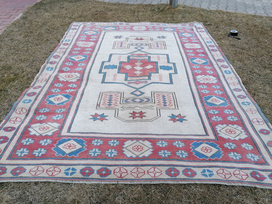 5.2 x 6.9 Turkısh hand knotted rug blue vıntage rug, handmade rug, wool rug