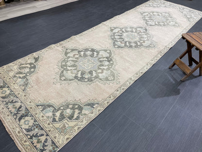 3.4 x 11.2 Faded Oushak Runner Rug Turkish Runner Rug Distressed Vintage Runner Rug Hallway Runner Kitchen Runner Wool Pastel Pink And Green