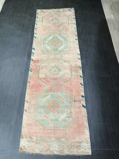 Oriental Runner Rug Muted Turkish Runner Rug 3.4 x 11.6 Vintage Runner Rug Hallway Runner Rug Muted Runner Rug Wool Runner Rug