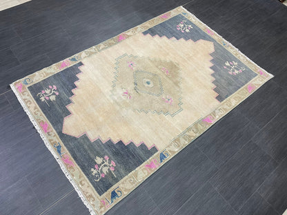 Muted Vintage RUG TURKISH 4 x 6.2 Oushak Rug Vintage Oushak Rug Vintage Rug Muted Navy Rug HandMade Rug Vintage Neutral Rug