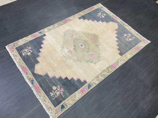 Muted Vintage RUG TURKISH 4 x 6.2 Oushak Rug Vintage Oushak Rug Vintage Rug Muted Navy Rug HandMade Rug Vintage Neutral Rug