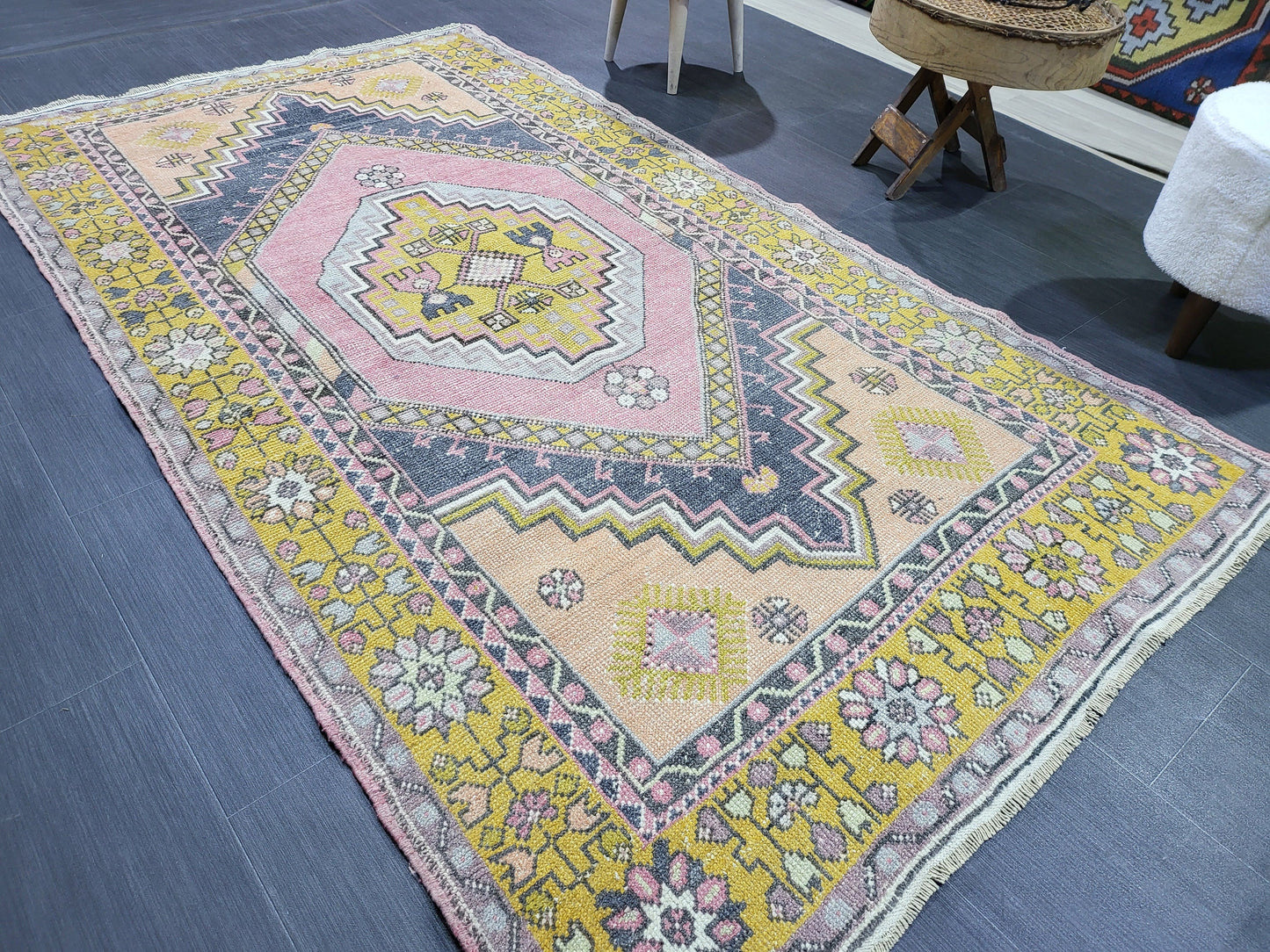 Vintage Rug,  TURKISH 4.2 x 7.4 HANDMADE Rug, Vintage Turkish Rug, Oushak Rug, Turkish Oushak Rug, Vintage Handknotted Rug, Wool Rug