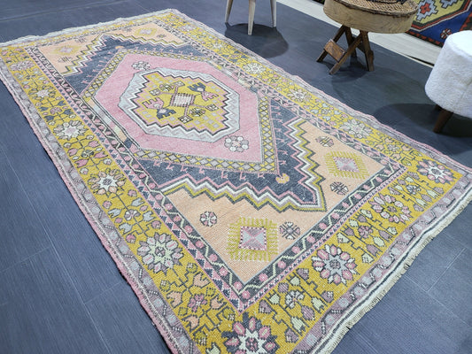 Vintage Rug,  TURKISH 4.2 x 7.4 HANDMADE Rug, Vintage Turkish Rug, Oushak Rug, Turkish Oushak Rug, Vintage Handknotted Rug, Wool Rug