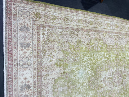 Vintage RUG Turkish 7 x 10.3 Rug Antique Rug Neon Green Rug Wool Muted Oriental Rug Handmade Rug Hand Knotted Rug Persian Rug