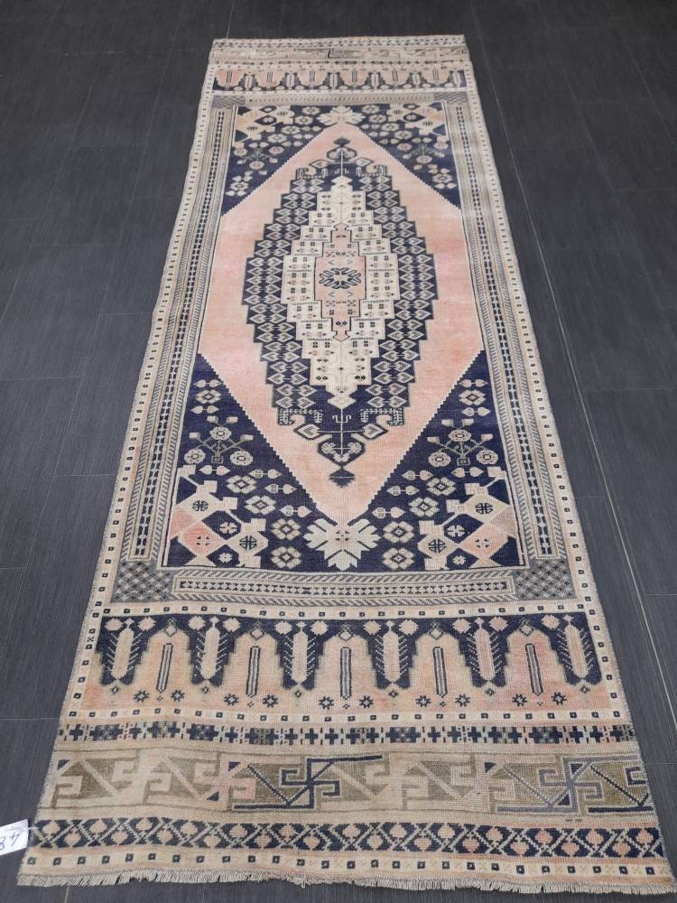 Blue and Pink TURKISH Runner Rug Vintage Runner Rug 3 x 9 Oriental Runner Rug Wool Oushak Rug Hand Knotted Rugs Vintage Turkish Runner Rug