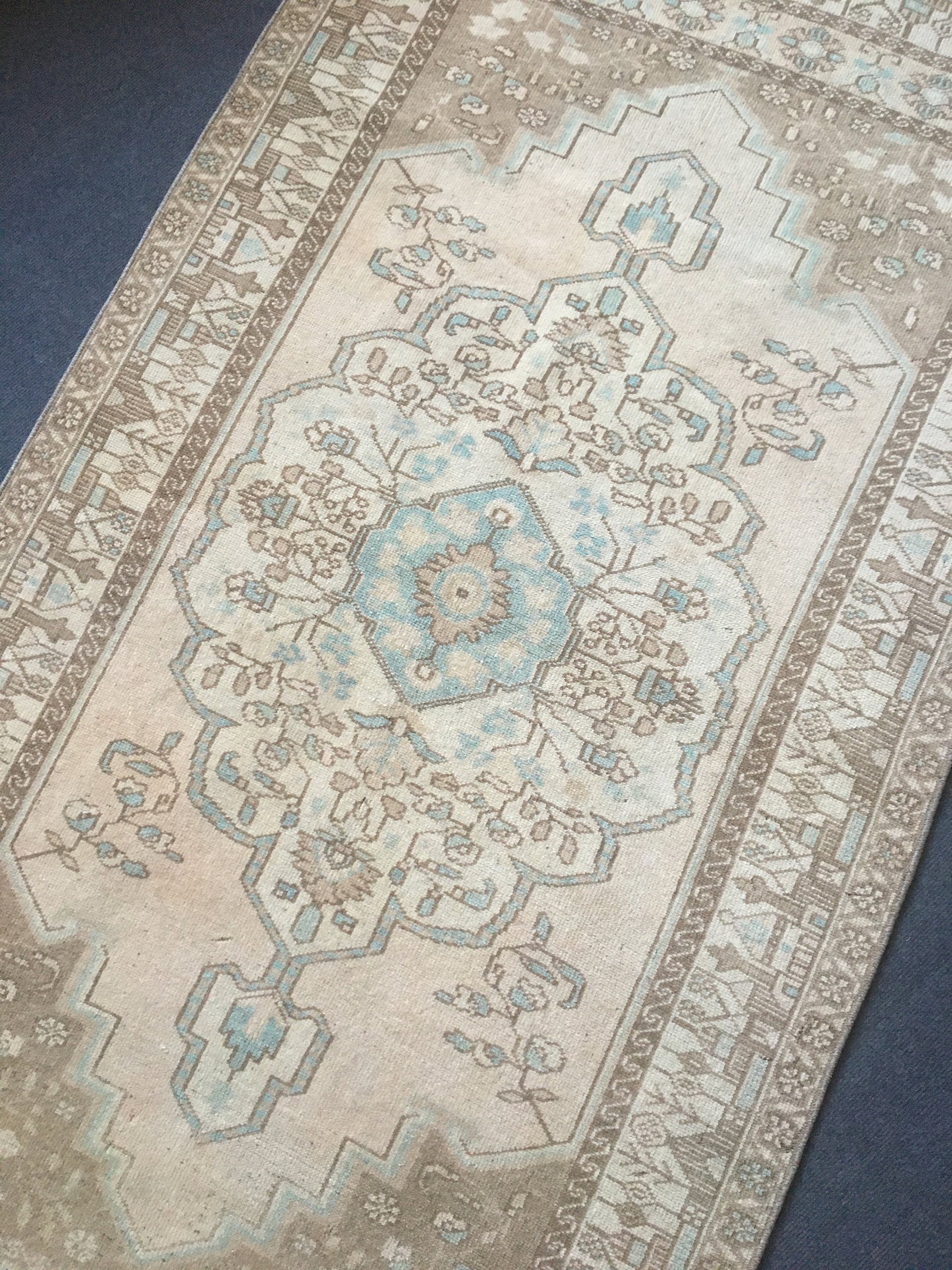 3.4x6.5 ft natural wool rug, faded vintage turkish rug, oushak brown kitchen rug, anatolian bohemian living room rug, blue handmade area rug