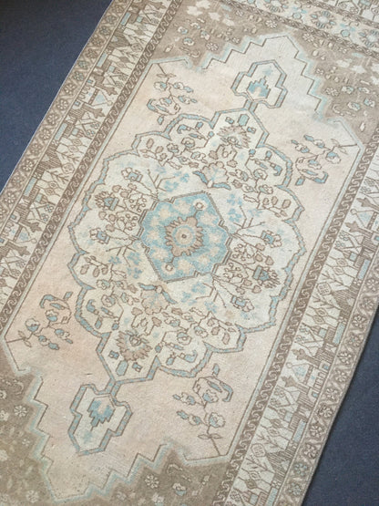 3.4x6.5 ft natural wool rug, faded vintage turkish rug, oushak brown kitchen rug, anatolian bohemian living room rug, blue handmade area rug