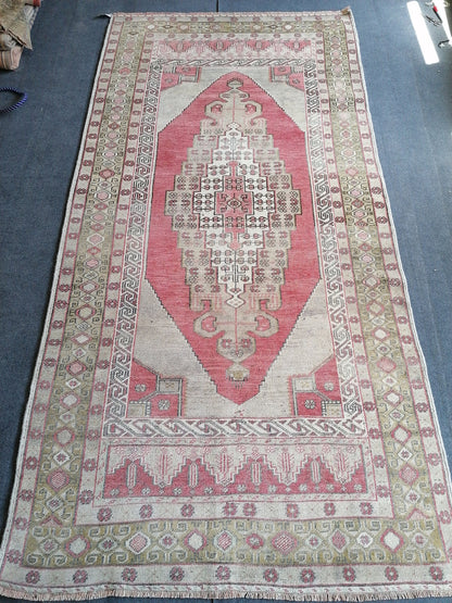 4'3x8'6 turkish pastel oushak rug, green vintage wool rug, handmade living room rug, kitchen rug bohemian rug