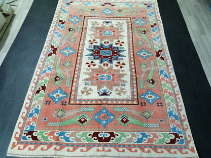 Vintage Runner Rug 6.3 x 10 Blue and Pink Rug Turkish Kitchen Rug Wool Entryway Rug Persian Livingroom Rug Oushak Rug Navy Oriental Rug