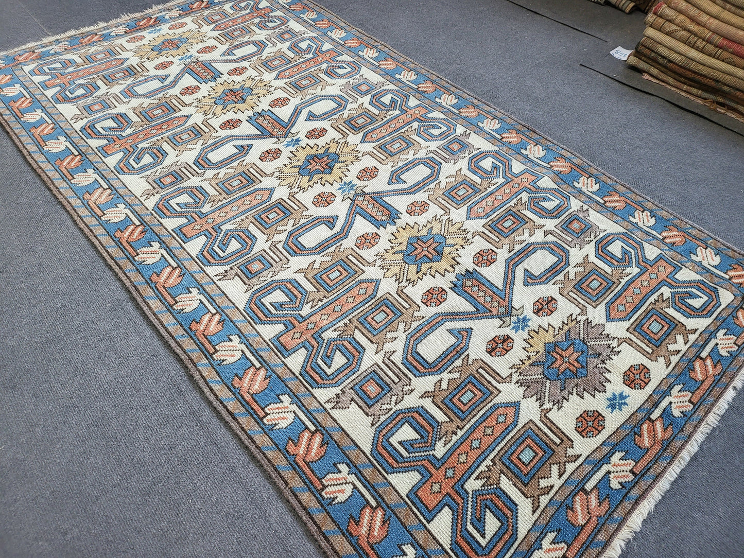TURKISH Oushak Rug 3.5 x 6.5 Vintage Blue Oriental Rug Vintage Runner Rug Wool Kazak Rug Handmade Rug Hand Knotted Rug