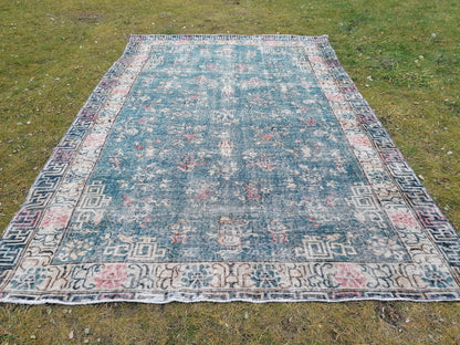 9'4x6'5 large oushak rug, blue distressed turkish rug vintage oushak runner rug vintage runner rug wool oushak vintsge hand made rugs