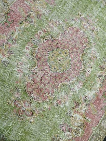 Oriental Rug 10 x 6.7 TURKISH Oushak Rug Vintage Antique Rug Vintage Green and Pink Rug Wool Distressed Rug Hand Made Rug