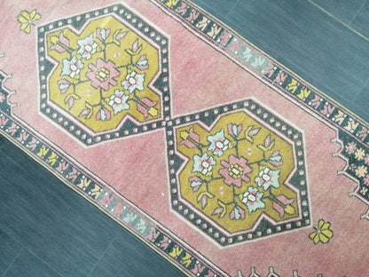 Pink Oriental Runner 2.4 x 8.7 Runner Hand Made TURKISH Runner Vintage Runner Muted Vintage Persian Muted Runner Rug Excellent Condition Rug