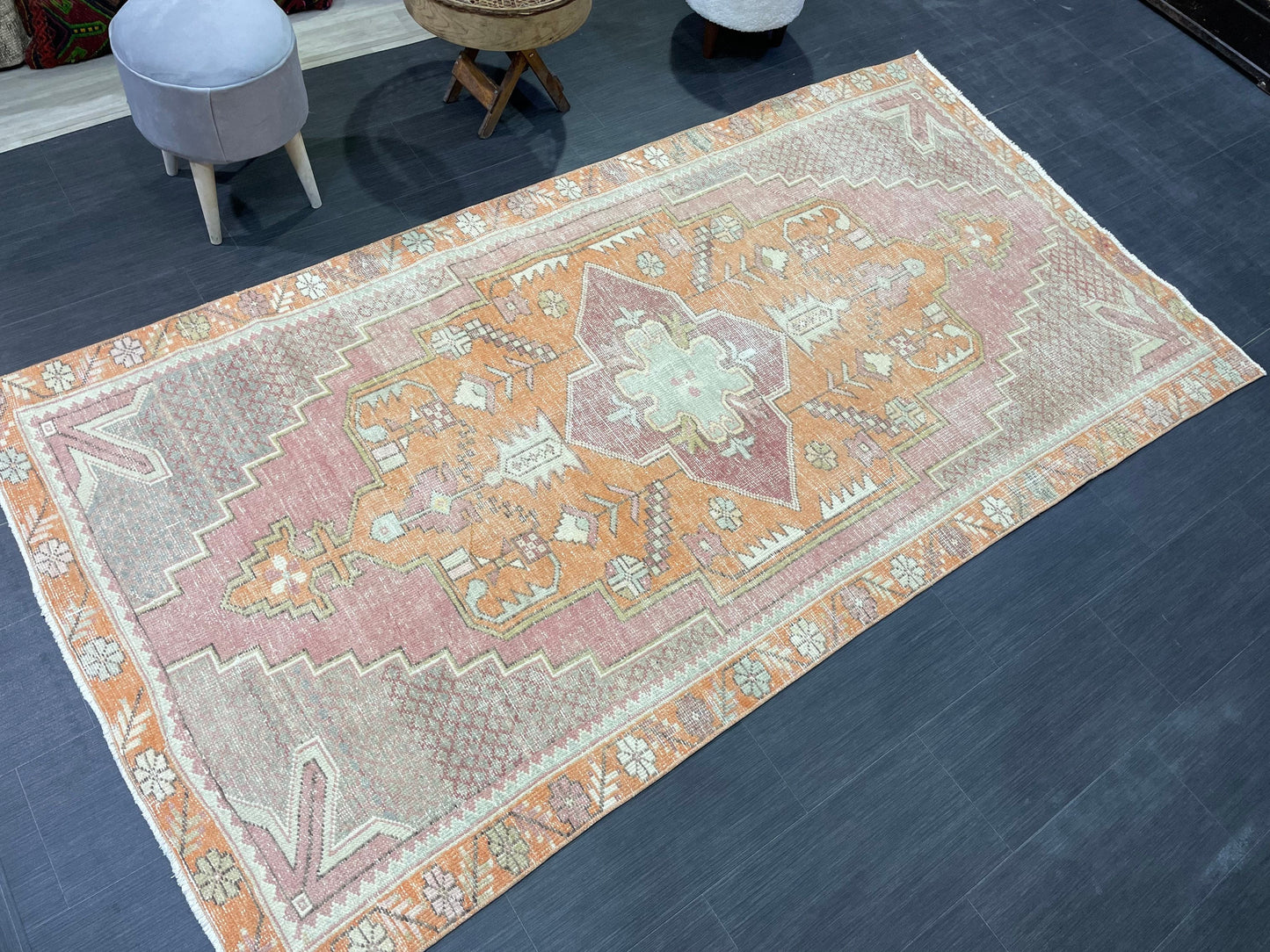 Handmade Rug, Persian 4.5 x 8.5  Rug, Navy Hand Knotted Rug, Vintage Rug, Yellow and Orange Turkish Rug, Oushak Rug, Oriental Rug, Wool Rug