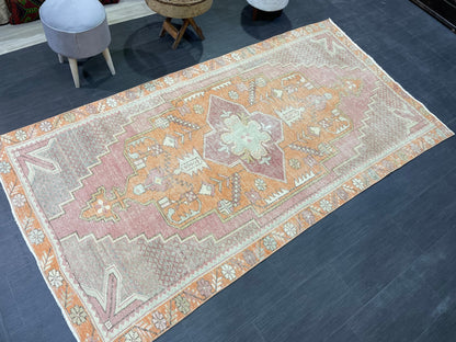 Handmade Rug, Persian 4.5 x 8.5  Rug, Navy Hand Knotted Rug, Vintage Rug, Yellow and Orange Turkish Rug, Oushak Rug, Oriental Rug, Wool Rug