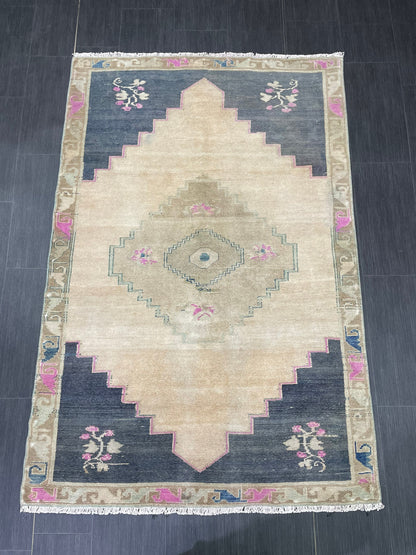 Muted Vintage RUG TURKISH 4 x 6.2 Oushak Rug Vintage Oushak Rug Vintage Rug Muted Navy Rug HandMade Rug Vintage Neutral Rug