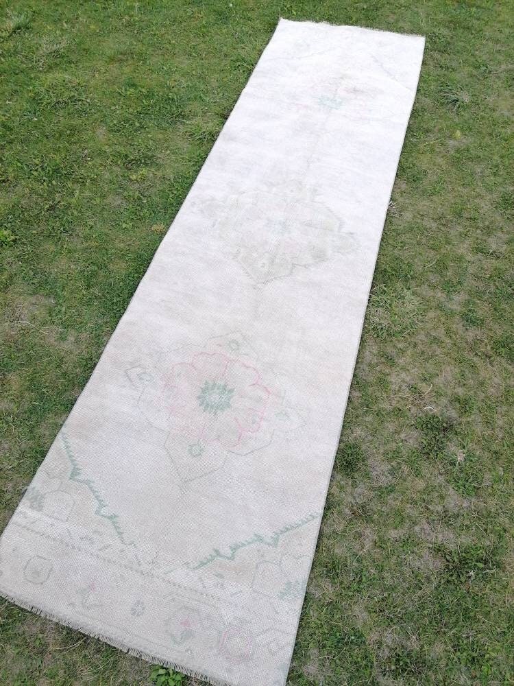 Faded runner wool rug 2'10x10'7 muted runner handmade rug, hallway runner rug, kitchen runner, bohemian runner, vintage runner rug,