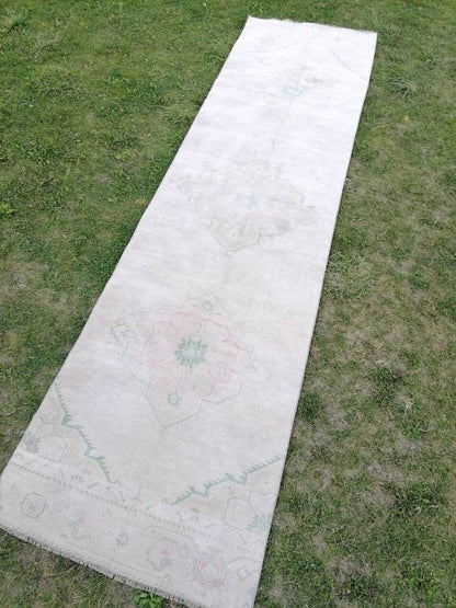 Faded runner wool rug 2'10x10'7 muted runner handmade rug, hallway runner rug, kitchen runner, bohemian runner, vintage runner rug,