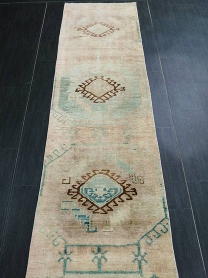 2.2 x 9.4 Vintage RUNNER Rugs, Muted Oushak RUNNER Rug, Faded Rug, Muted Turkish Rug, Muted Oriental Runner Rug, Vintage Persian Runner Rug