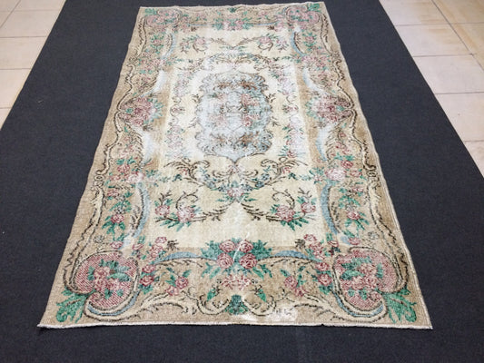 Vintage Rug Hand Made Oushak Rug Distressed  Rug Wool Turkish Rugs