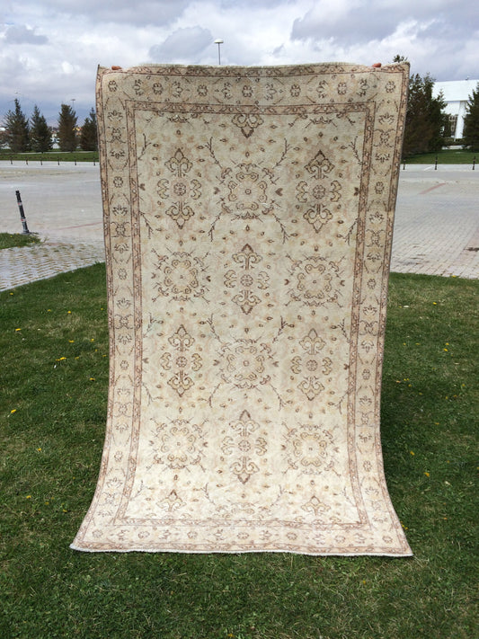 Vintage living room rug , wool pile RUG, Earth Tones Rug, Pastel Vintage Rug, Turkish Oushak Rug, Muted Color Rug, Wool Rug 4x7 Neutral Rugs