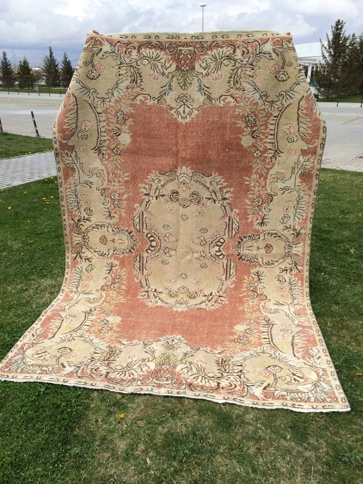 9.4x6 Vintage Rugs, Vintage Turkish Rug, Vintage Large Area Rug Soft Orange Vintage Rug Hand Made Oushak Rug Earth Tones Rug Rustic Rug