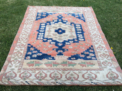 7 x 5 Large Area BOHEMIAN Rug, Vintage Oushak Rug, Special Rug, Oushak Rug, Vintage Turkish Rugs, WOOL RUGS, High Quality  Blue Rugs