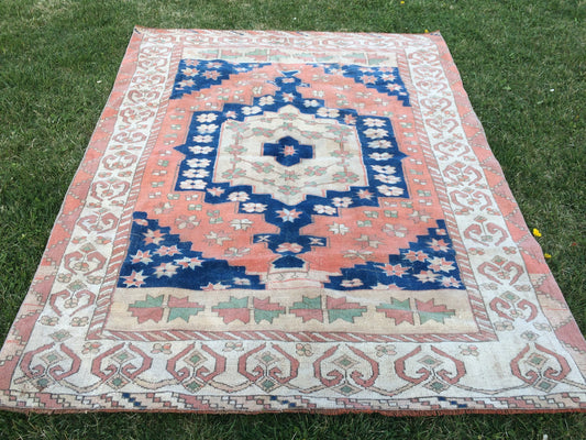 7 x 5 Large Area BOHEMIAN Rug, Vintage Oushak Rug, Special Rug, Oushak Rug, Vintage Turkish Rugs, WOOL RUGS, High Quality  Blue Rugs