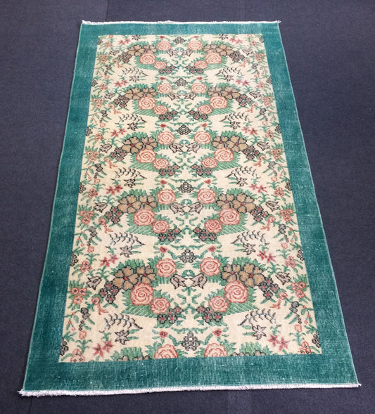 Vintage Green Turkish Floral Oushak Rug,Turkish Rug,Antique Rug,Oushak antique Rug,Hand woven Rug,Weaving Rug,Ethnic Rug,Kitchen Rug