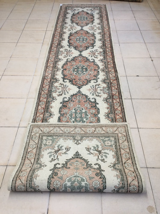 12 x 3 Runner Rug, Hand Knotted Hallway Runner Rug, VINTAGE TURKISH OUSHAK Rug, Muted Colors Rug, Handmade Runner Rug Vintage Runner