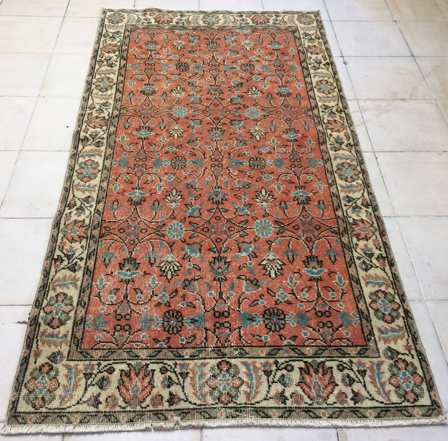 3.5 x 7 Rug Turkish Rug Eclectic Rug Shabby Chic Rug, Rustic Rug,Floral Farmhouse Rug, Vintage Rug, Orange Rug