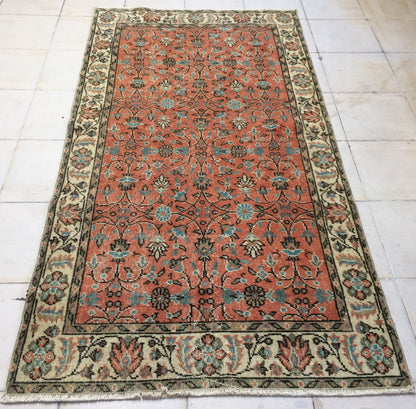 3.5 x 7 Rug Turkish Rug Eclectic Rug Shabby Chic Rug, Rustic Rug,Floral Farmhouse Rug, Vintage Rug, Orange Rug