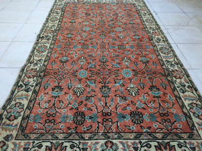 3.5 x 7 Rug Turkish Rug Eclectic Rug Shabby Chic Rug, Rustic Rug,Floral Farmhouse Rug, Vintage Rug, Orange Rug