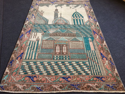 5.3 x 3.3 Vintage Rug,  Rumi Tapestry Rug   Mevlana Dergah Rug, Hand Made Rug