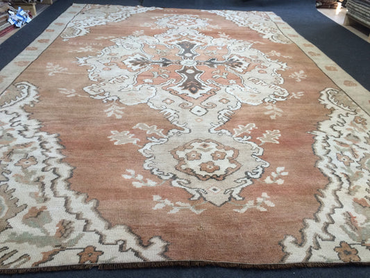 Large Area OUSHAK RUG TURKISH Neutral Rug Vintage 7 x 10.5 Oushak Brown Rug Vintage Rug Wool Kars Rug Hand Made Rugs Wool Hand Knotted Rug