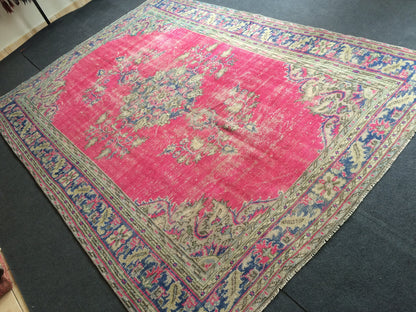 6.8 x 10 Turkish Rug, Oushak Rug, Handmade Rugs, Wool Vintage Hand Knotted Rug, Oriental Rugs, 7 by 10 Vintage Rug, hot pink, purple